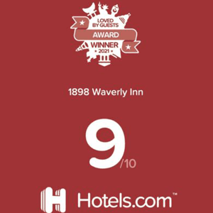 Award badge for 1898 Waverly Inn showing a 9/10 rating from Hotels.com.