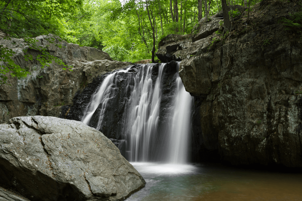 A serene waterfall cascades over rocky cliffs into a quiet pool, surrounded by lush greenery.