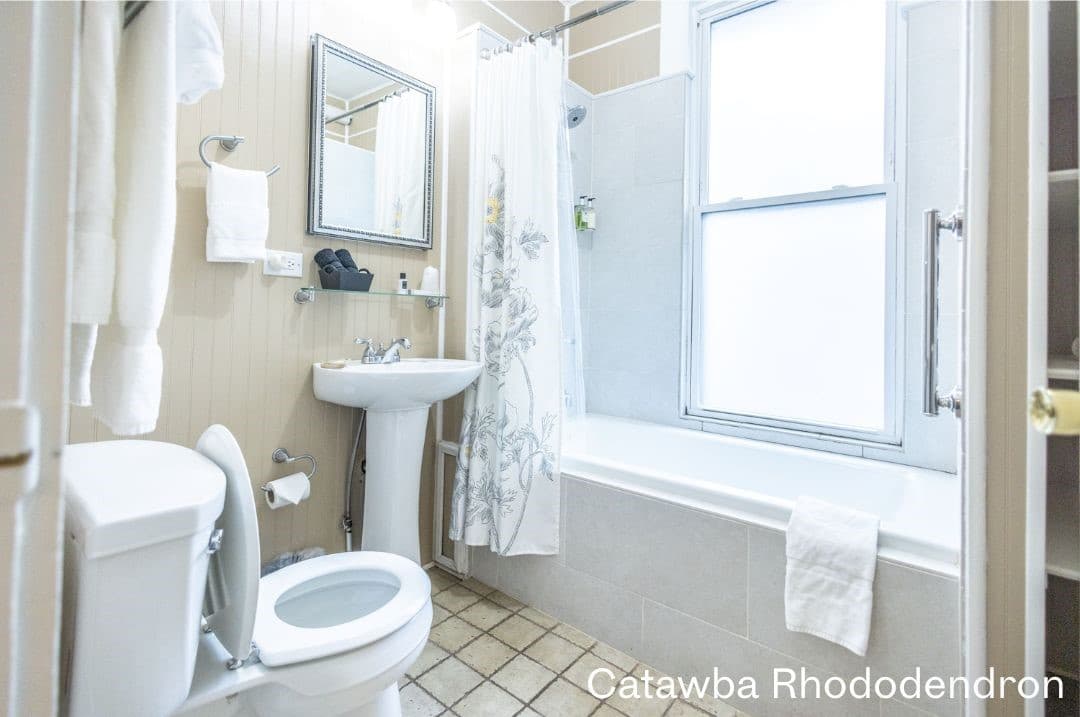 Catawba Rhododendron's bathroom featuring a tiled shower/tub combo, white pedestal sink, and white toilet.