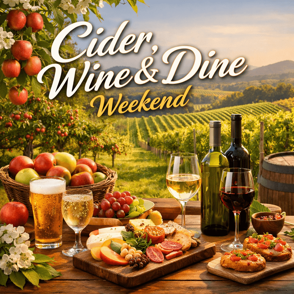 A picturesque outdoor setting featuring drinks and food for a "Cider, Wine & Dine Weekend" amidst apple trees and vineyards.