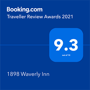 Award badge for 1898 Waverly Inn with a rating of 9.3 out of 10 from Booking.com Traveller Review Awards 2021.