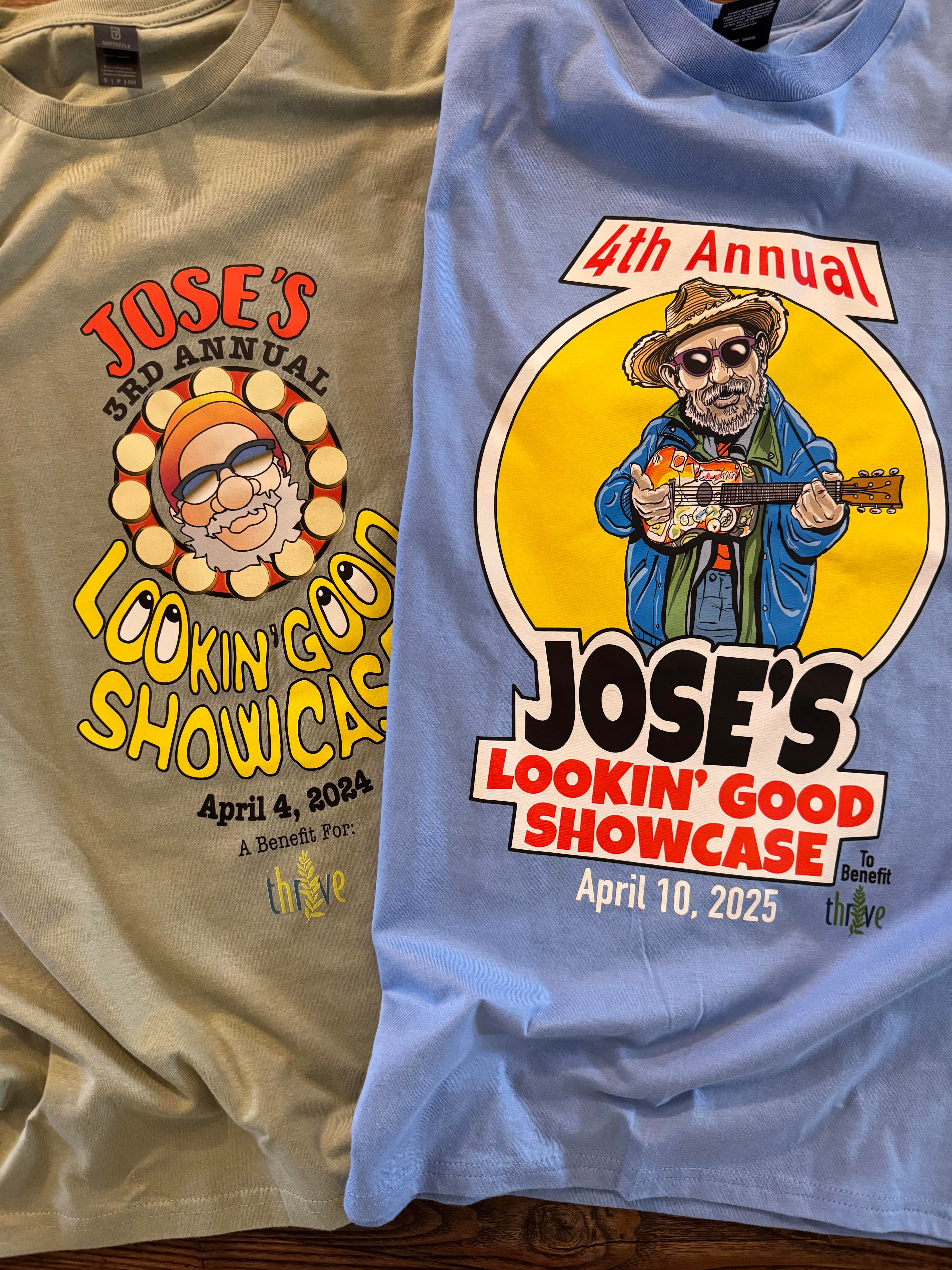 Two t-shirts promoting "Jose's Lookin' Good Showcase," one for the 3rd Annual event on April 4, 2024, and the other for the 4th Annual event on April 10, 2025.