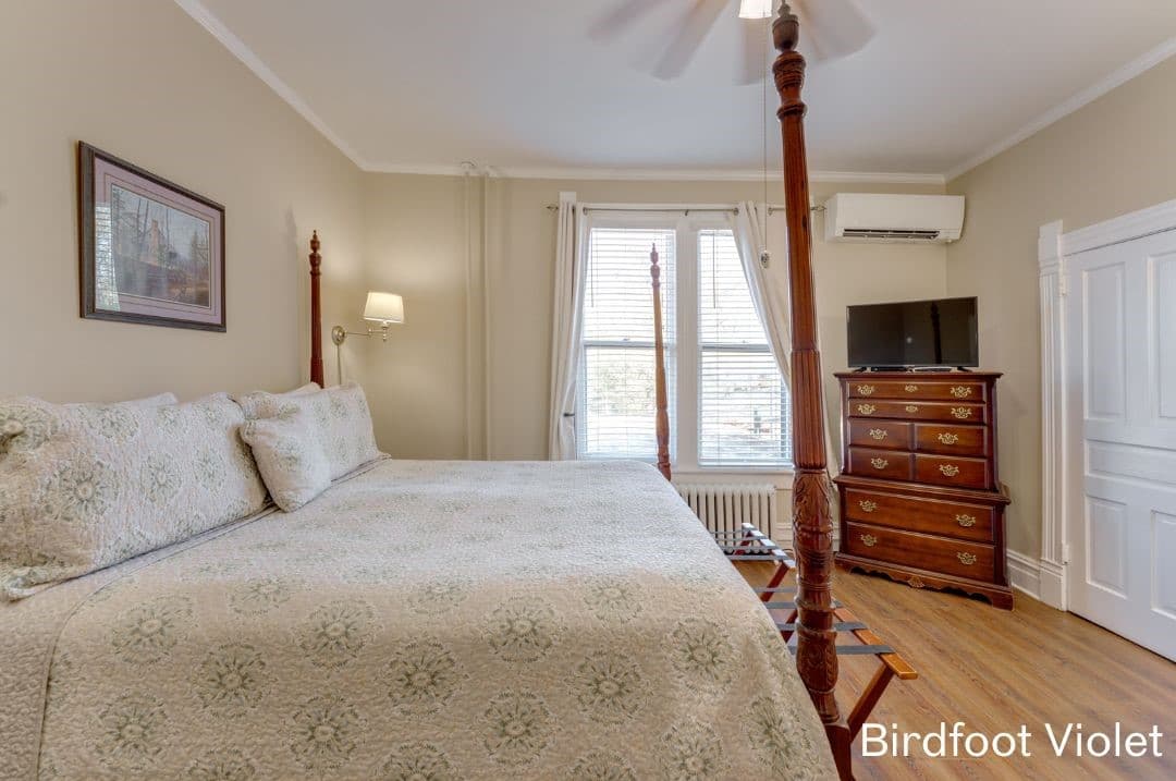 Birdfoot Violet Room features wood flooring, light colored walls, a four posted king bed, and a tall dresser with a TV on top.