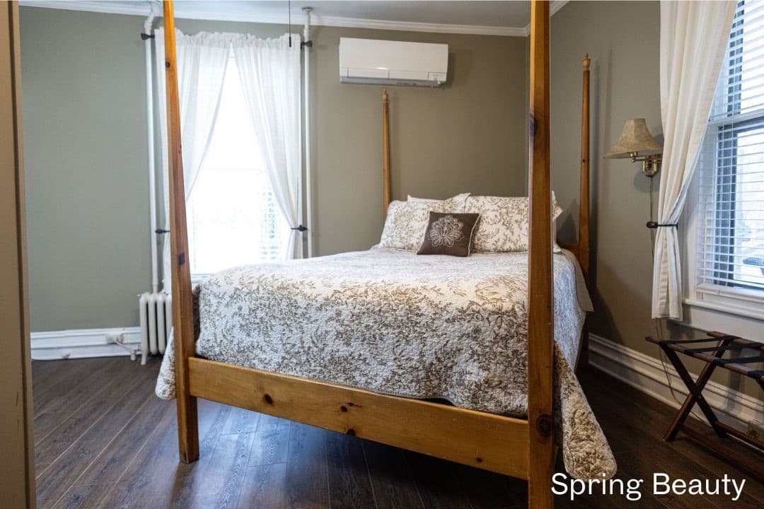 Spring Beauty Room featuring a four-posted queen bed and luggage rack.