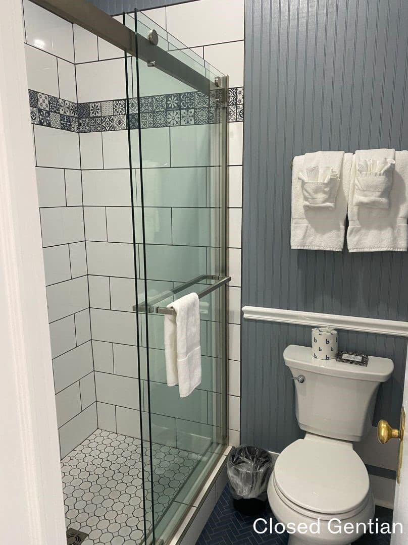 Closed Gentian's Bathroom featuring a large, tiled walk-in shower and white toilet.