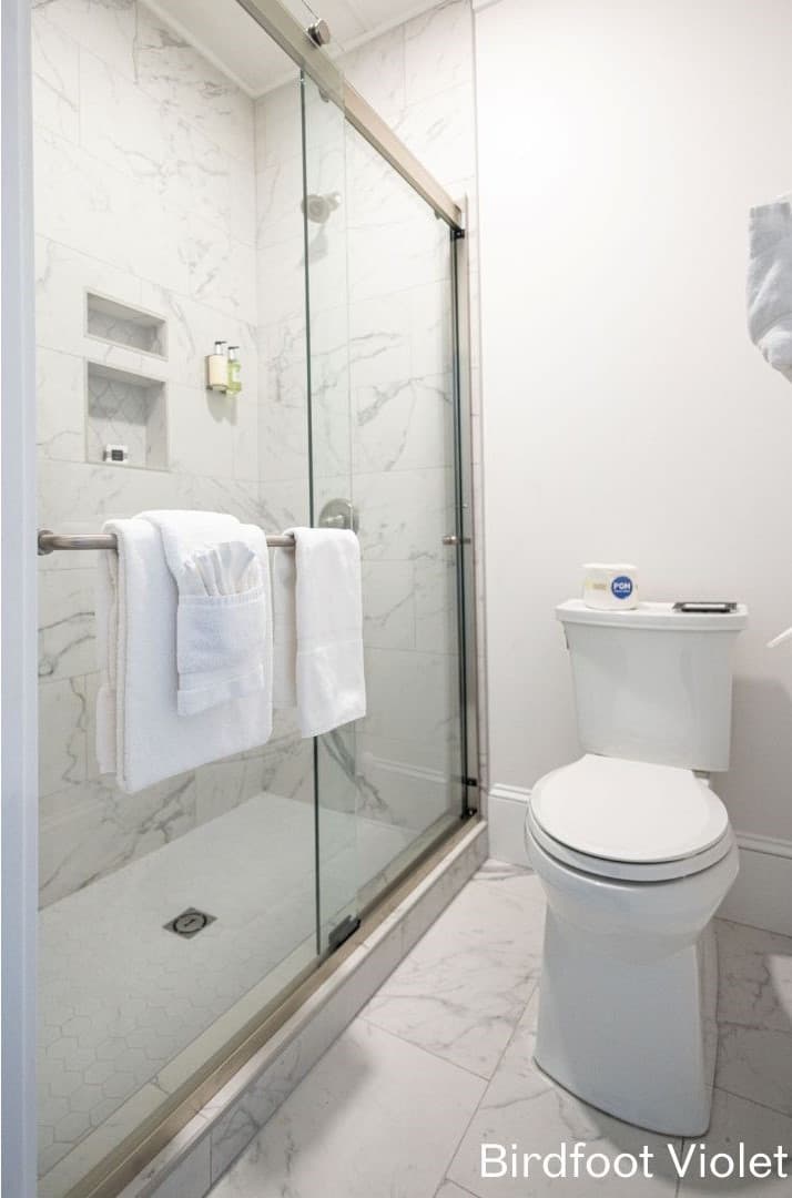 Birdfoot Violet bathroom featues a large, tiled walk-in shower and a white toilet.